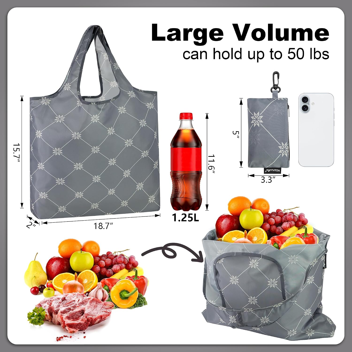 HOLYLUCK Reusable Grocery Bags,Heavy Duty Foldable Shopping Tote Bag (Standard, 3 Blue Geometric Flowers)