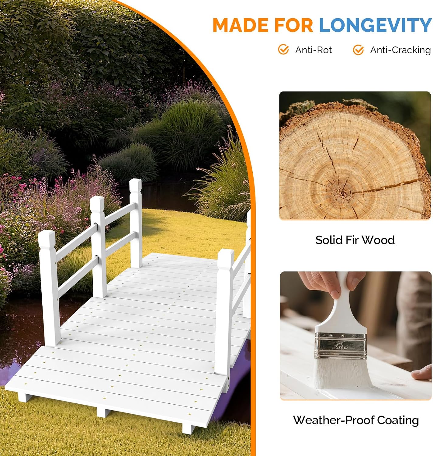 VINGLI 5 ft Garden Bridge, Classic Wooden Arch with Safety Rails Stained Finished Footbridge, Decorative Pond Landscaping, Backyard, Creek or Farm