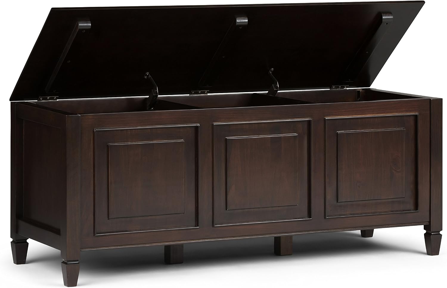SIMPLIHOME Harvey 47" Wide Solid Mango Wood Bench in Natural | Traditional entryway bench in dark chestnut brown with a lift-up lid and 3 hidden compartments; shoe or hallway bench.