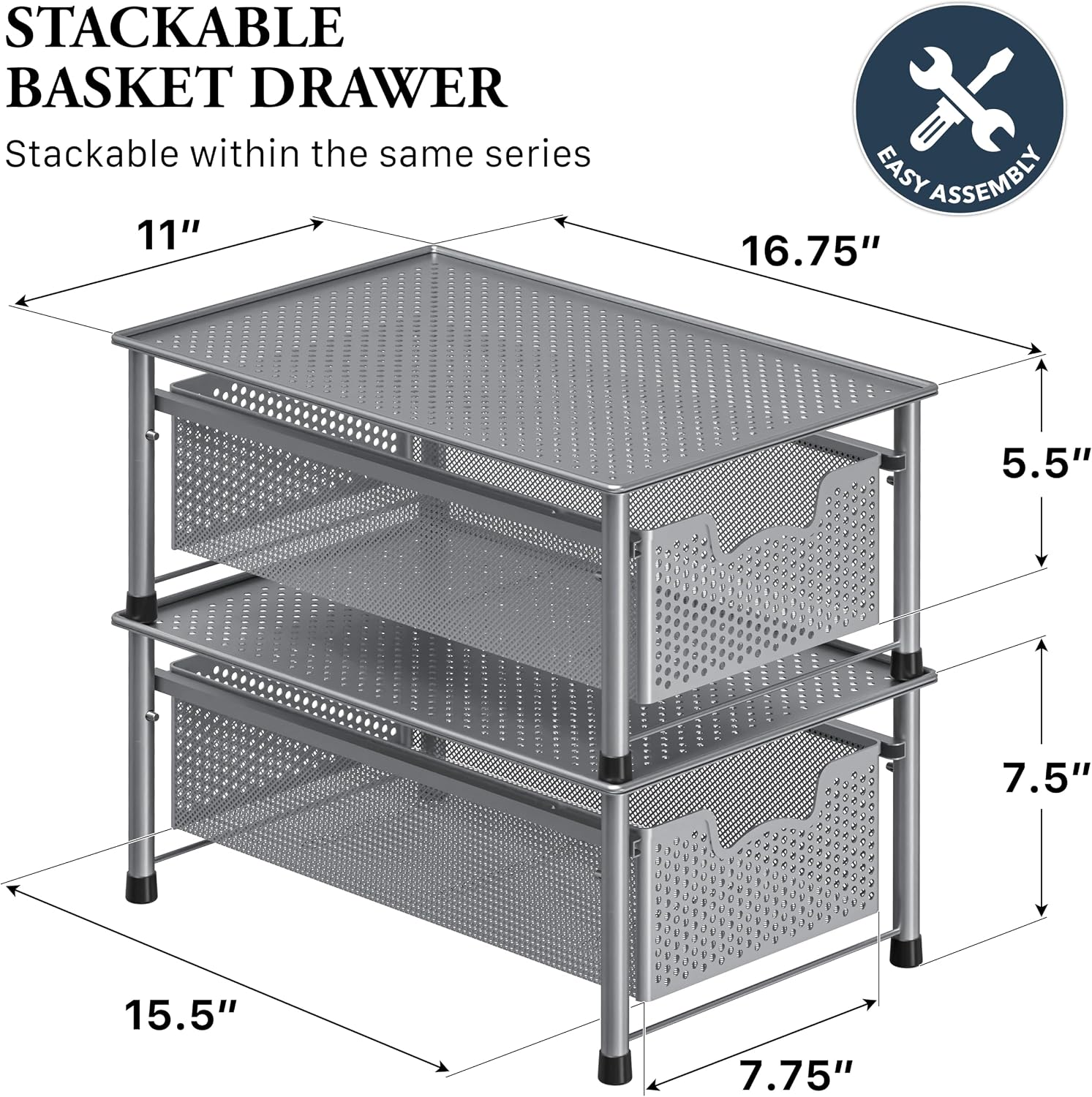 Simple Houseware Stackable 3 Tier Sliding Basket Organizer Drawer, Silver