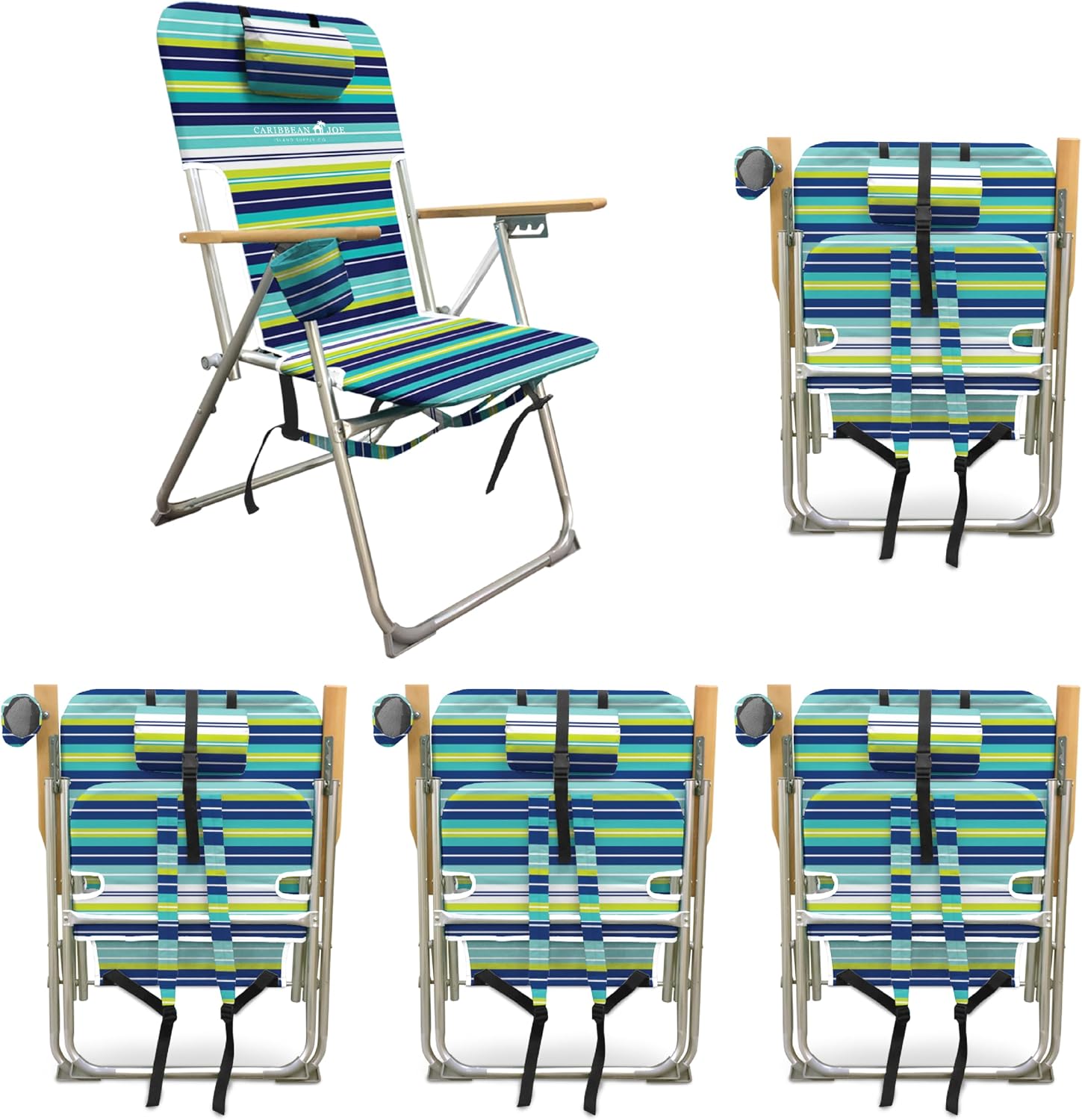CARIBBEAN JOE Folding Beach Chair, 4 Position Portable Backpack Foldable Camping Chair with Headrest, Cup Holder, and Wooden Armrests