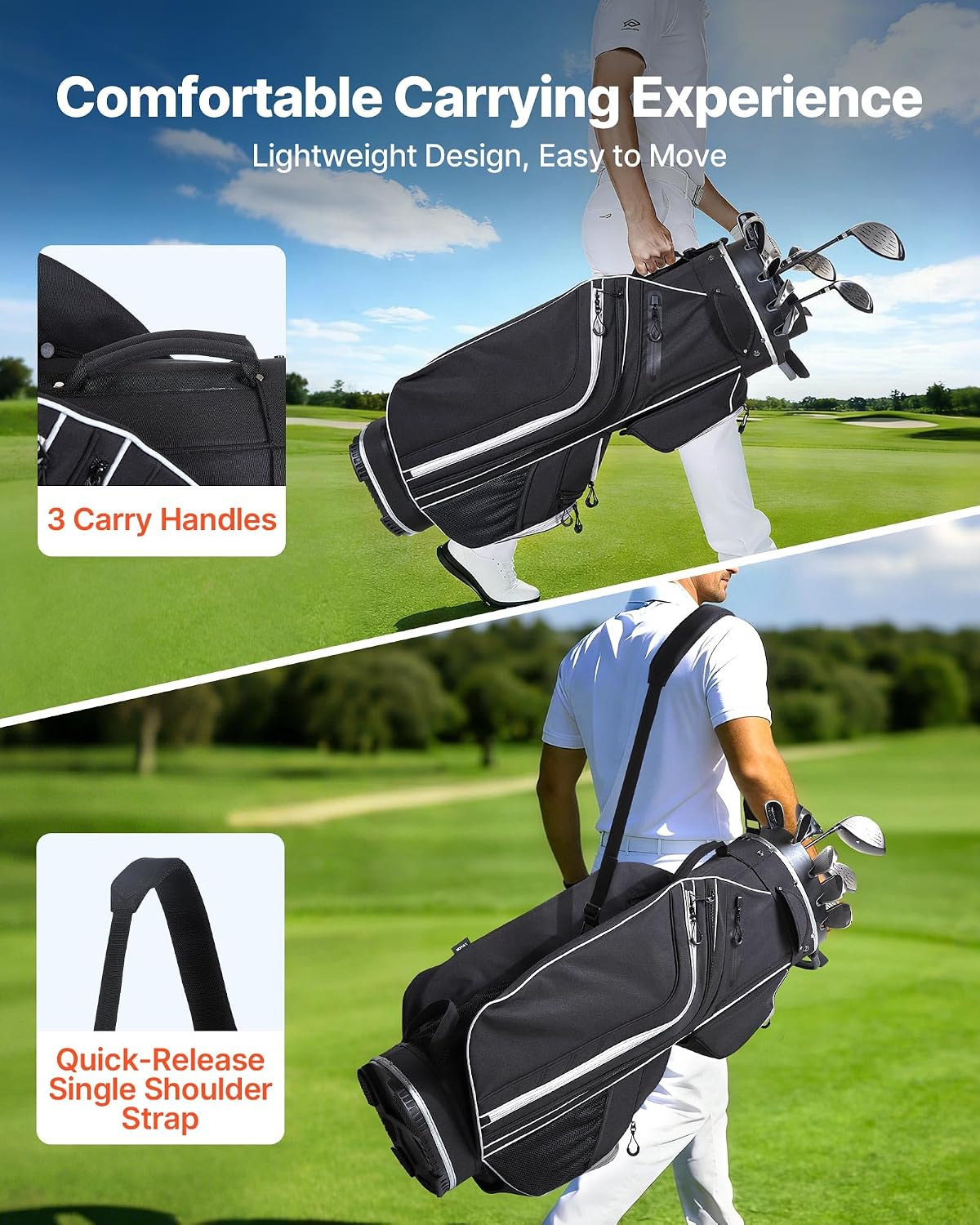 VEVOR Golf Cart Bag, 14 Way Molded Lock Top Divider Organizer, Golf Club Bag with Full-Length Divider, Handles, Storage Pockets, Shoulder Strap, Rain Hood, Smooth Zippers for Men & Women