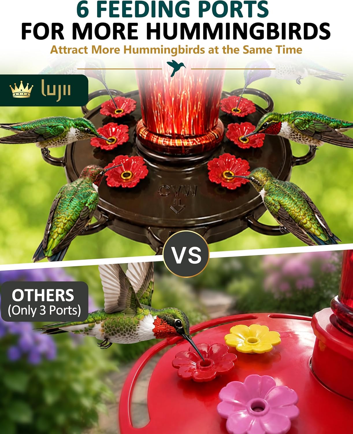 LUJII Hummingbird Feeder, Hand Blown Glass Hummingbird Feeder, Never Fade, 36 Fluid Ounces, 5 Feeding Metal Stations, Much Bigger, Garden Backyard Decorative, Containing Ant Moat (Blue)