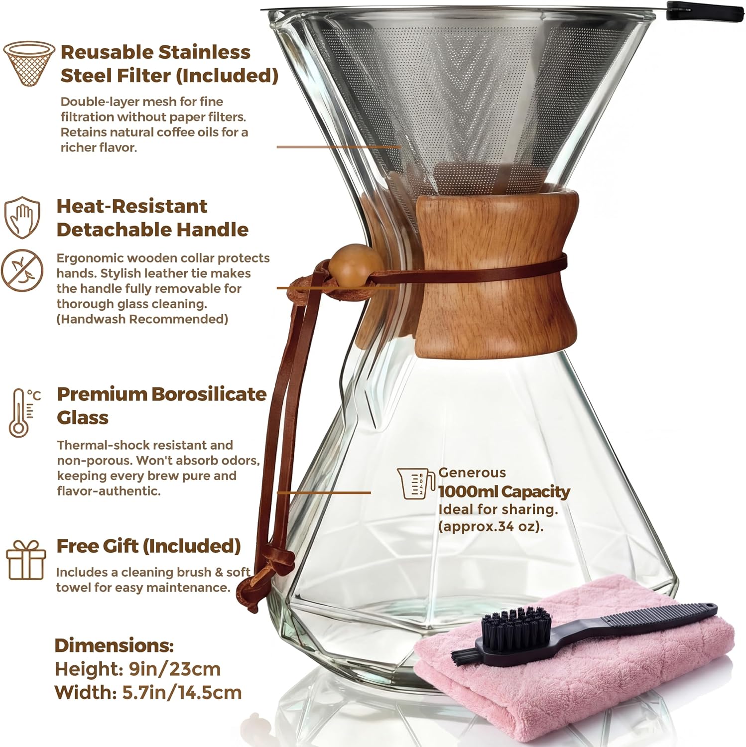 AGOGO Pour Over Coffee Maker Set, 34oz Classic Style, 304 Stainless Filter | Barista kit for home kitchen, Cafe, Camping & Office; 20oz-40oz Classic, Slim, Diamond styles; Includes brush & towel.