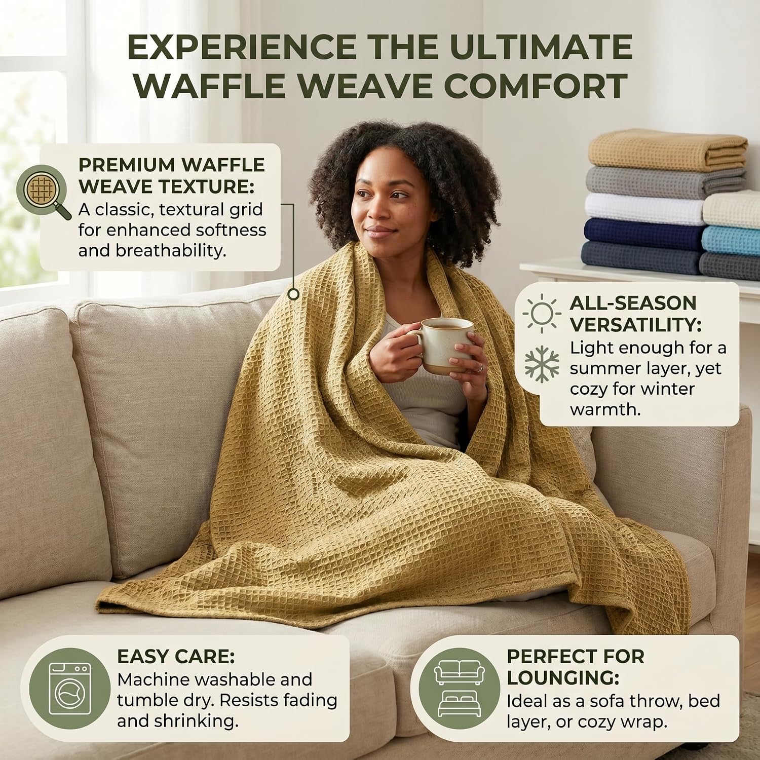 Tex Trend 100% Cotton Waffle Weave Blanket Queen Size - Soft, Breathable Cooling Blanket for Bed, Lightweight Cozy Summer & Spring Bedding, Grey, 90x90