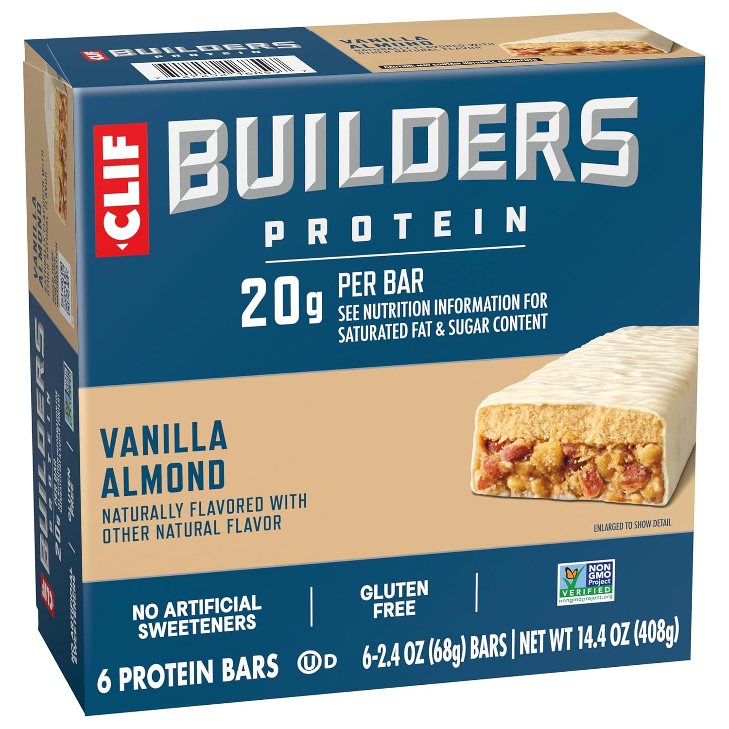 CLIF BUILDERS Protein Bars - Vanilla Almond Flavor - 20g Plant Based Protein - Gluten Free - Non-GMO - Low Glycemic - No Artificial Sweeteners - 2.4