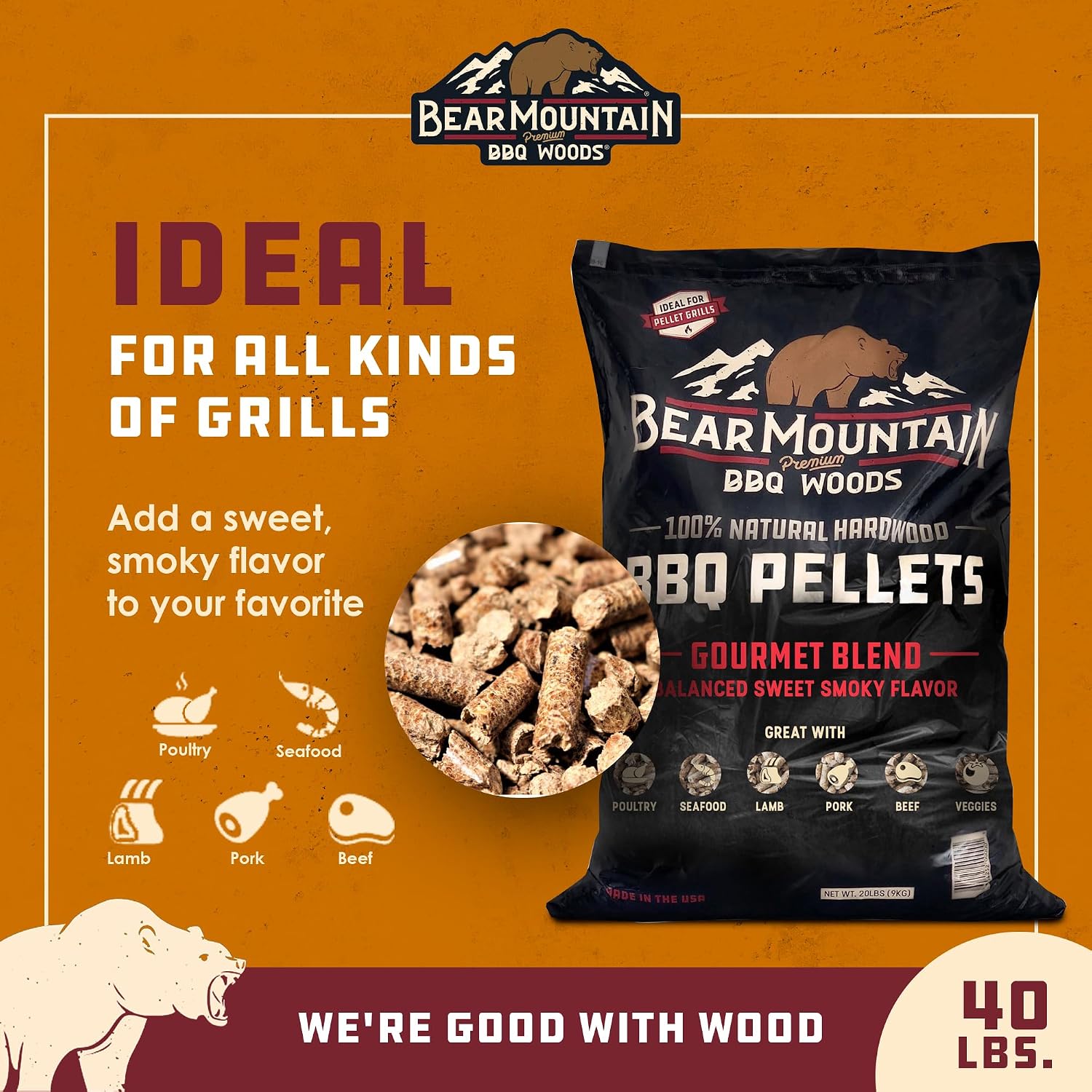 Bear Mountain Gourmet Blend Pellets for Smoker and Grill, 40lb Bag
