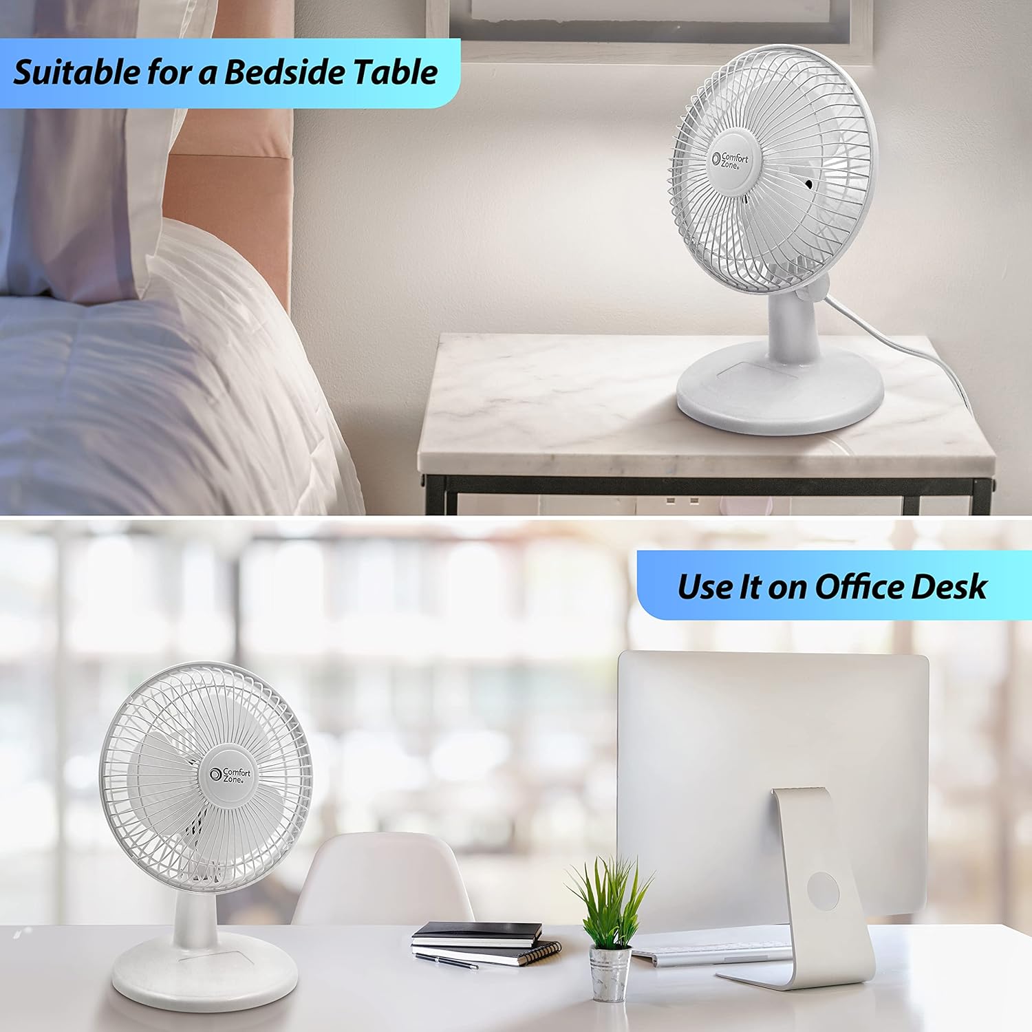 Comfort Zone CZ6D 6" Quiet Portable Indoor 2-Speed Desk Fan with Clip and Fully Adjustable Tilt in White