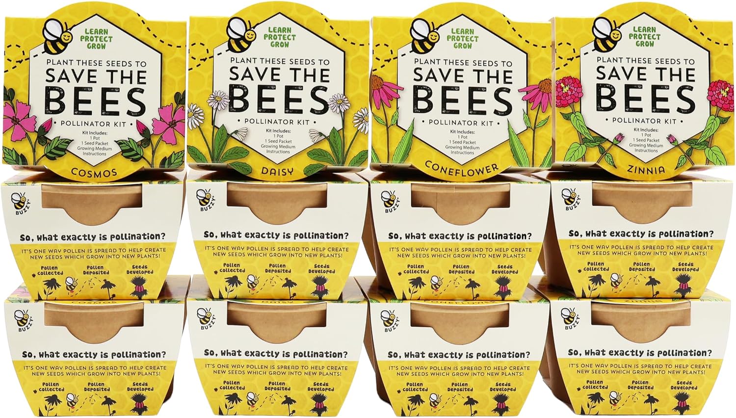 Buzzy Seeds Save the Bees Grow Kit 12-Pack - Eco-Friendly Pots - Complete Indoor/Outdoor Gardening Kit with Seeds