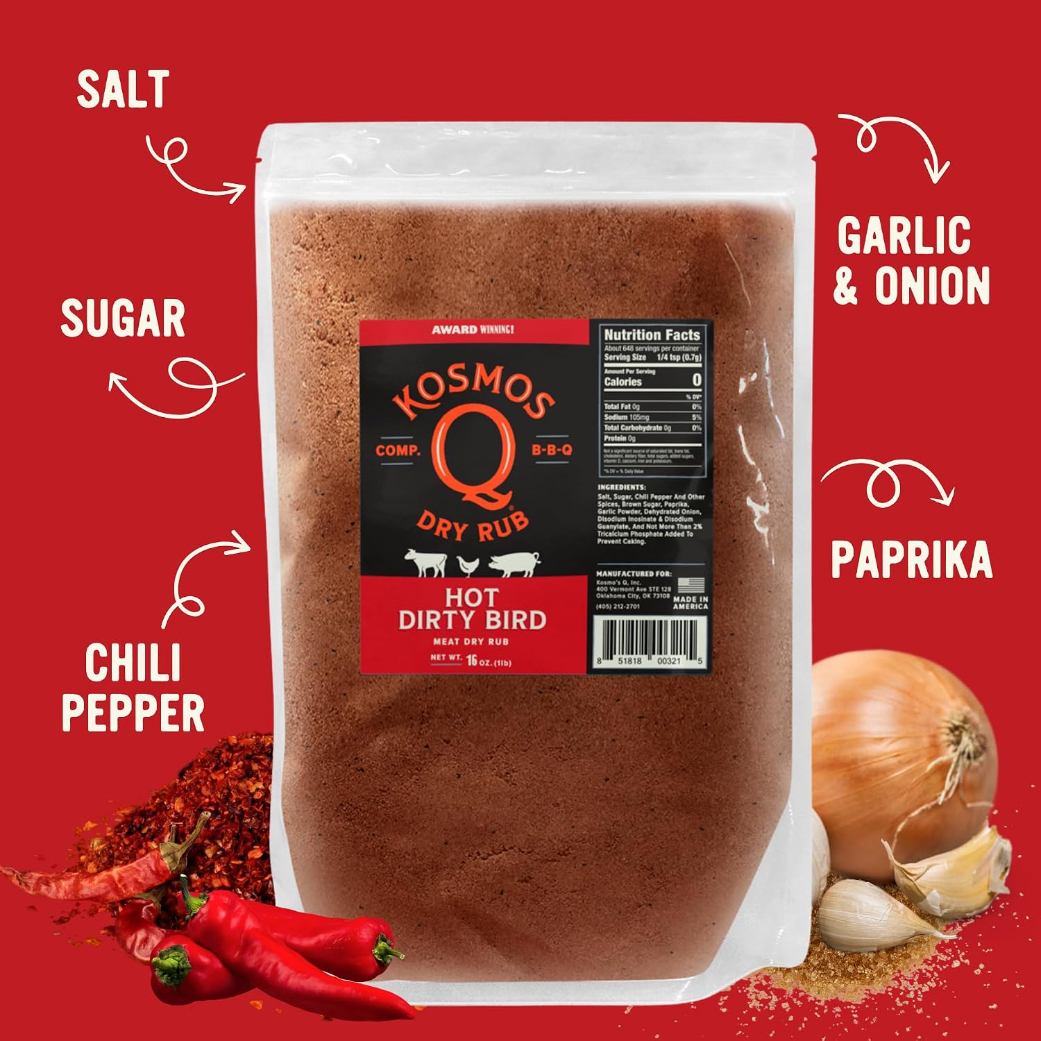 Kosmos Q Hot Dirty Bird BBQ Dry Rub, Spicy Seasoning with Chili Pepper, Brown Sugar, Garlic & Onion for Chicken, Turkey, Ribs, Pork, Dry Rub for Smoking & Grilling Meat, BBQ Spice Blend, 11 Oz Bag