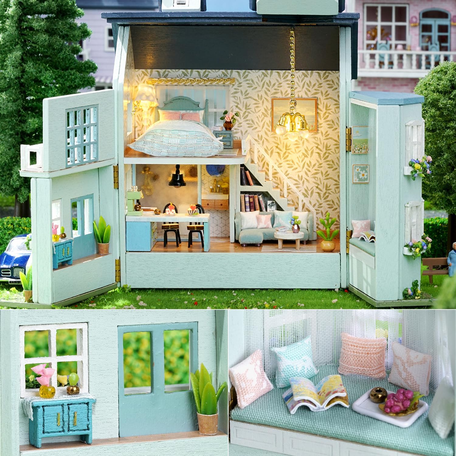 DIY Miniature Dollhouse Kit with Furniture Plus Dust Proof | 1:24 Scale Creative Room Mini Wooden Doll House Accessories for Kids Teens Adults Aged 14+(Beach Cottage)