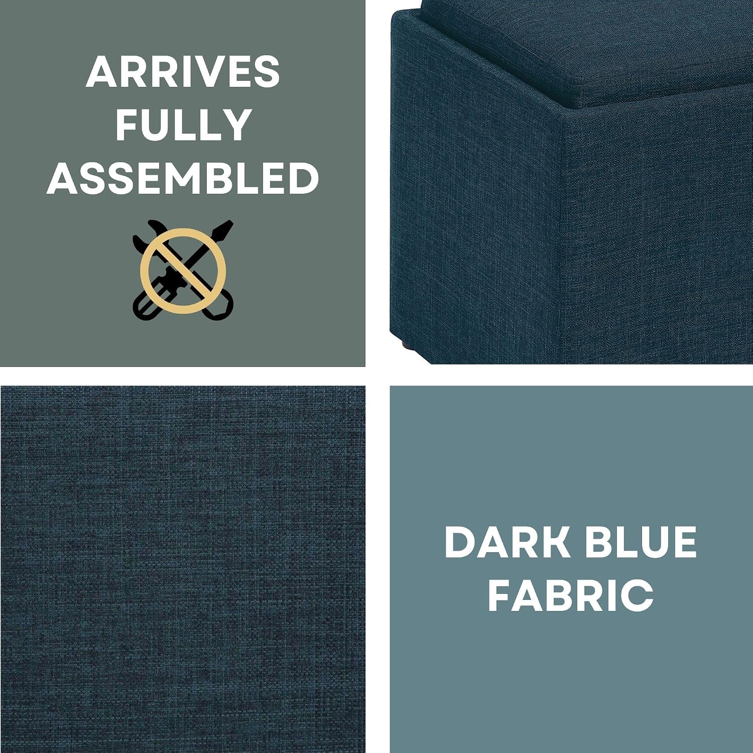 Convenience Concepts Designs4Comfort Accent Storage Ottoman 22.75" - Modern Foot Stool with Decorative Tray for Living Room, Dining Room, Office, Blue Faux Leather
