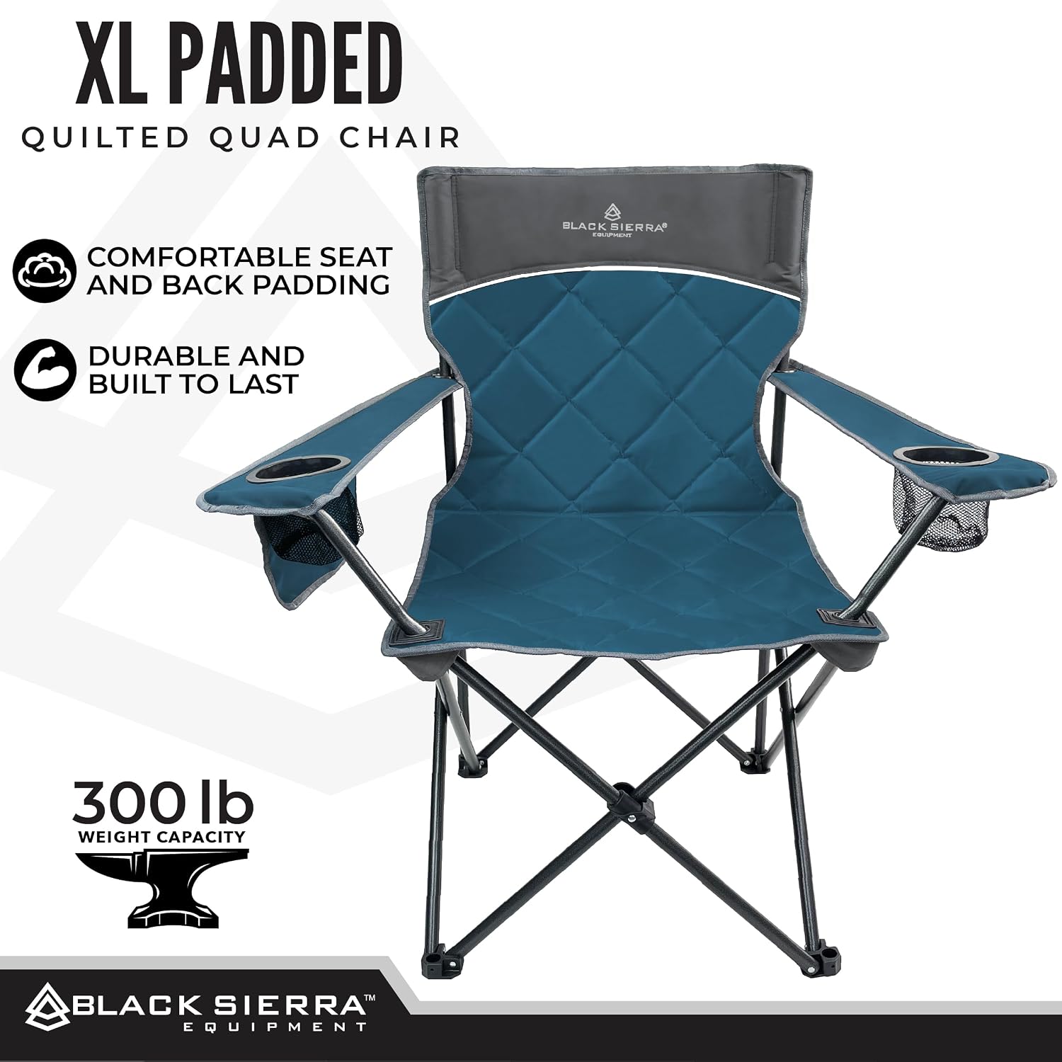 Black Sierra Quilted Padded Camping Chair, Oversized Heavy Duty Outdoor Lounge Seat Supports 300 lbs, Portable, Folding with Cup Holder for Beach, Tailgating, Sports, Patio