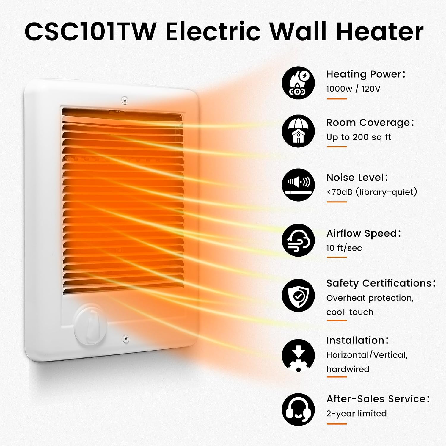 Electric Wall Heater for Indoor Use Complete Unit with Thermostat, Wall Mounted Heaters for Large Room/Garage(Model: CSC101TW, Part: 67508), 3412 BTU