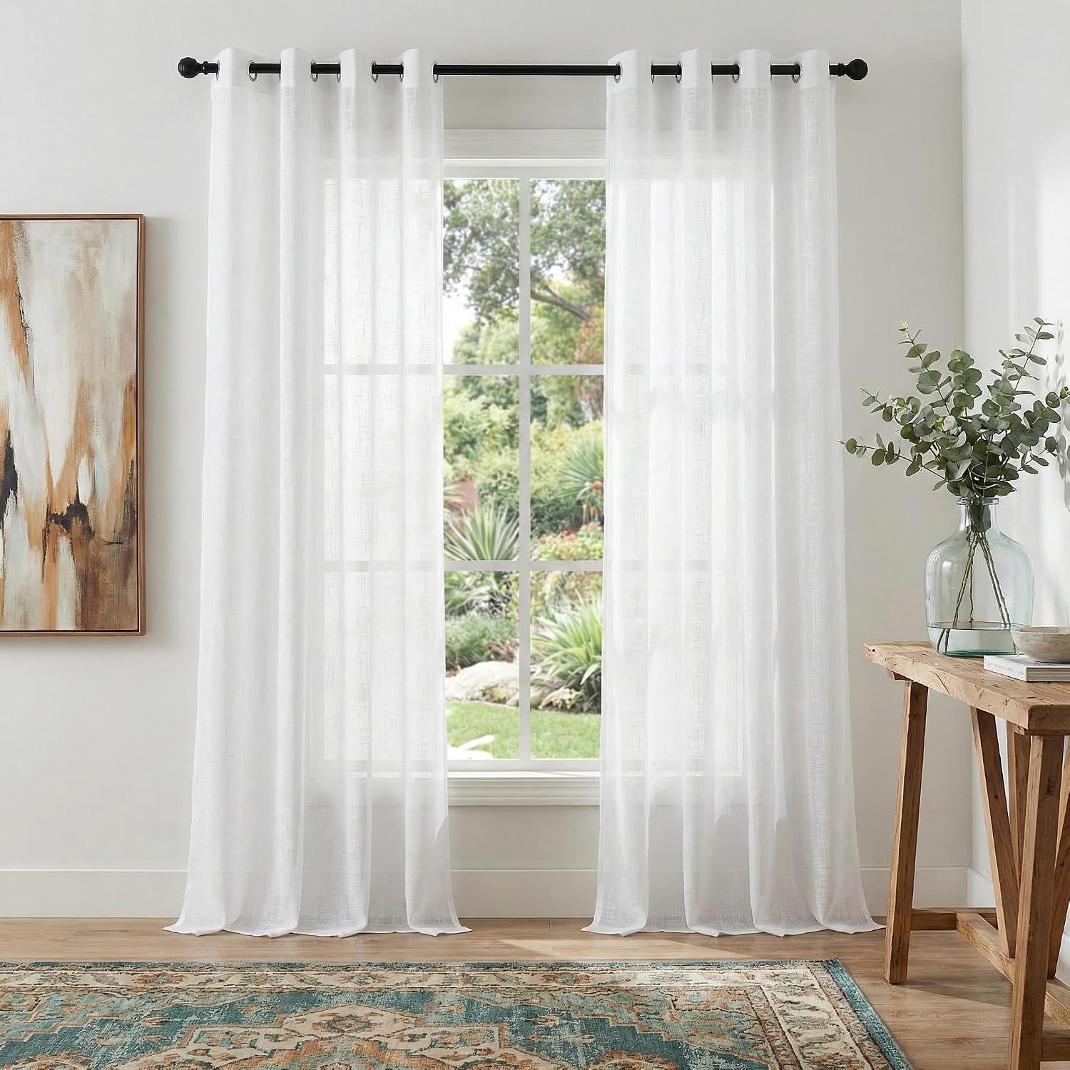NICETOWN Linen Curtains White Semi Sheer 72 inch Long for Windows, Privacy with Light Filtering Grommet Top Window Treatments for Bedroom/Living Room