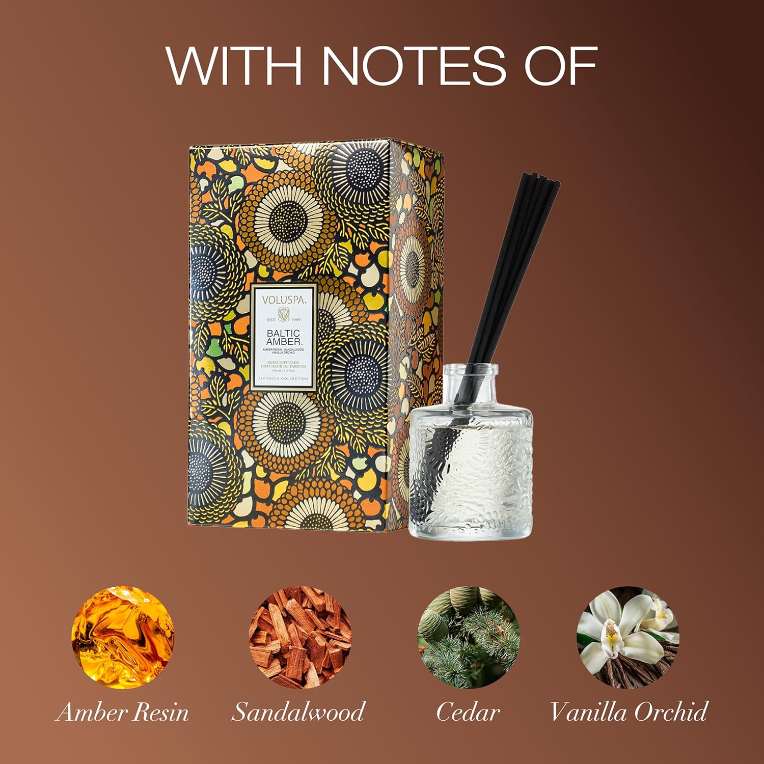 Voluspa Santal Vanille Scented Reed Diffuser, 3.4 oz, Luxury Santal Diffuser, Oil Reed Diffusers for Home, Handcrafted in the USA