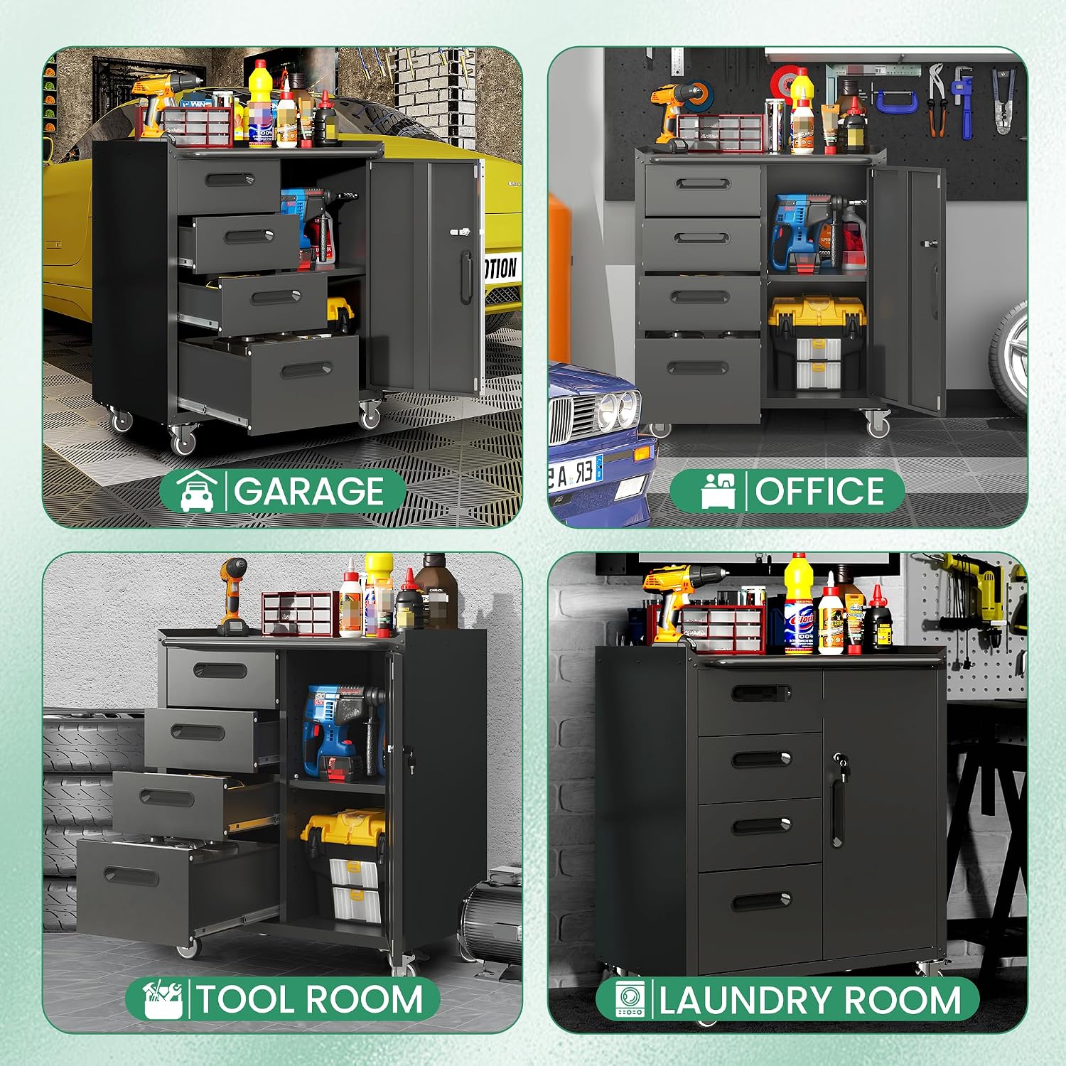 Garage Cabinets,Metal Garage Storage Cabinet with Wheels,Black Lockable Rolling Tool Cabinet with Drawer and Adjustable Shelves,Heavy Duty Tool Chest for Home Office Utility Room