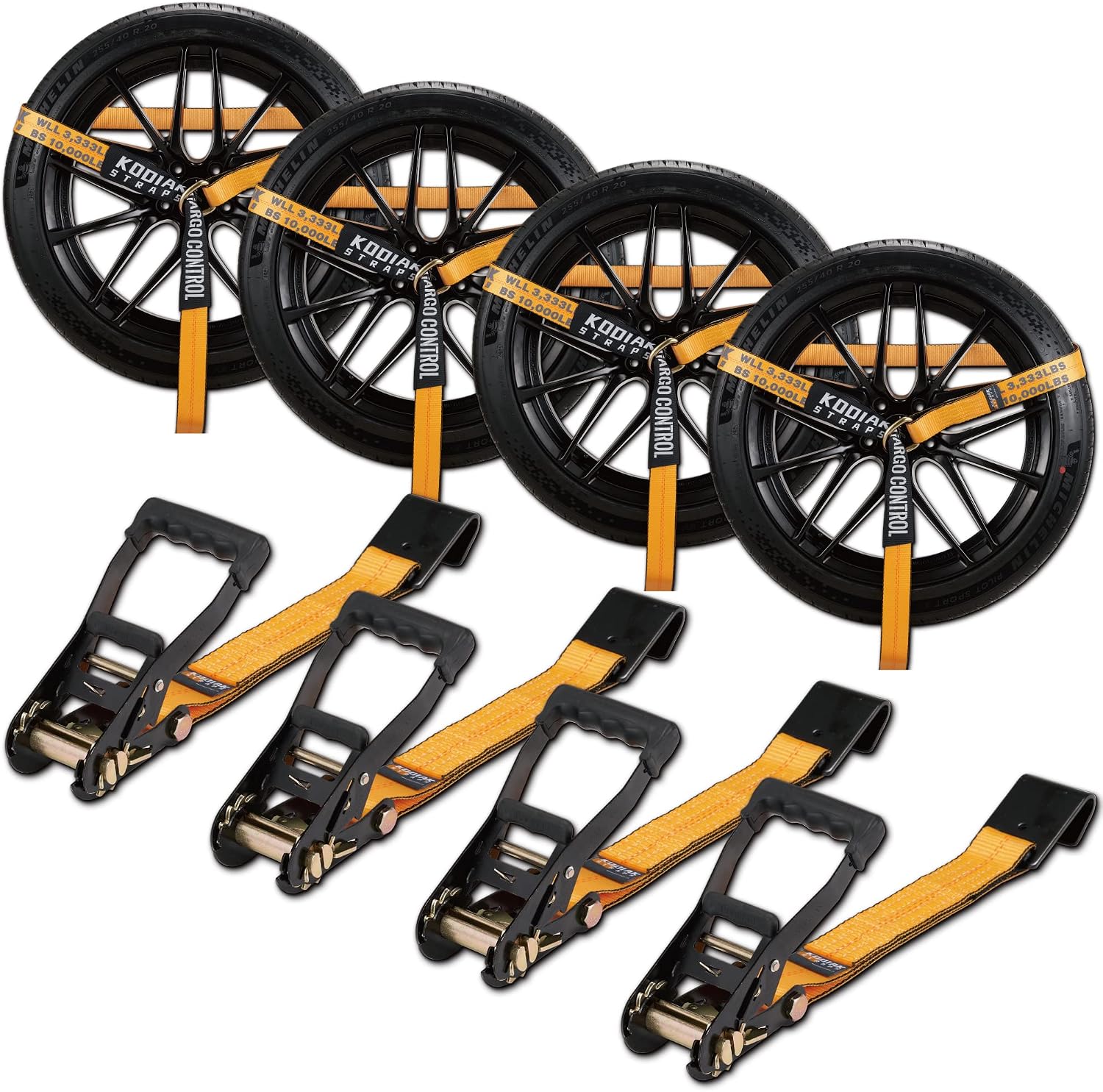 Adjustable Vehicle Tire Tie Down Straps Kit– 4pk Heavy Duty Tire Straps with Snap Hooks 10