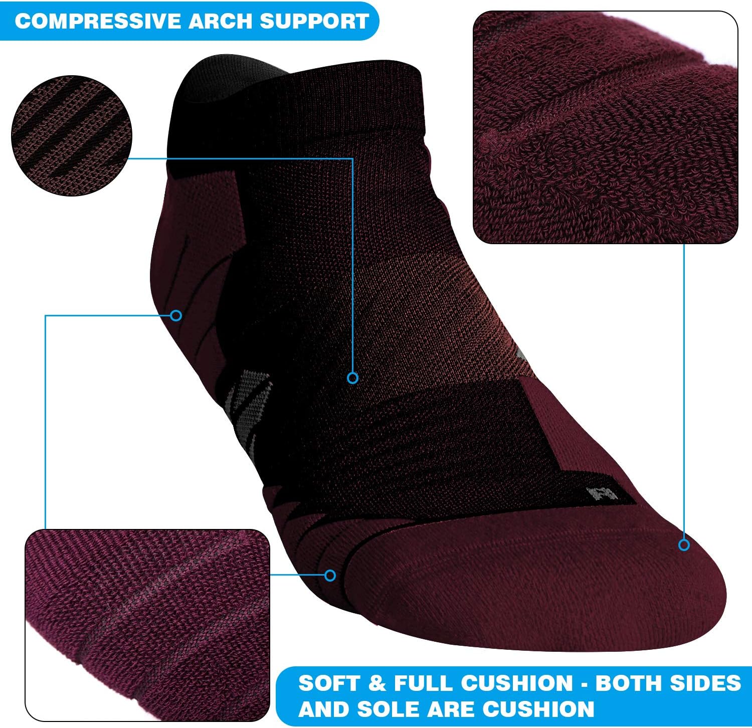 Hylaea Unisex Coolmax No Show Athletic Running Socks, Cushioned No Blisters