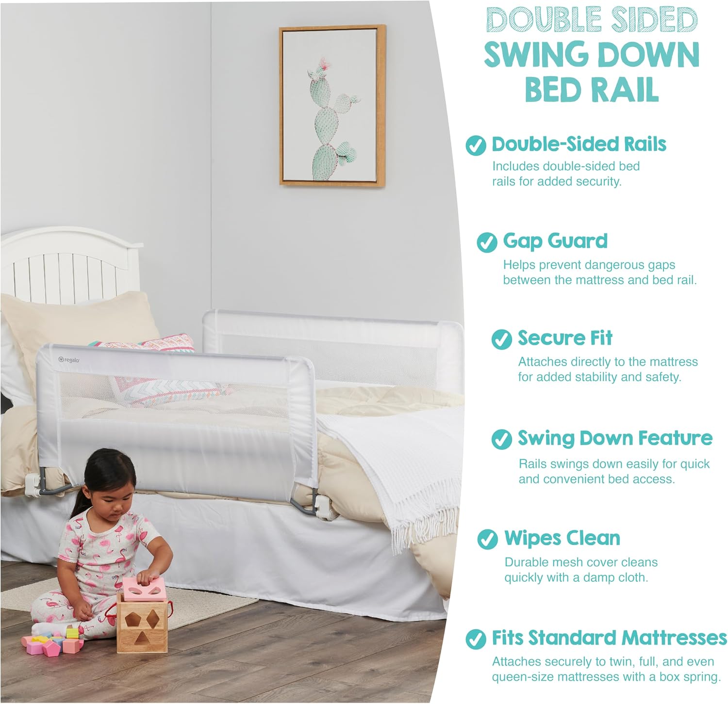 Regalo Safety 54” Extra Long Hideaway Bed Rail Guard for Toddlers, Toddler Bed Rail with Reinforced Anchor Safety System, 20” Tall Bed Safety Rail, Fits Twin, Full & Queen Beds