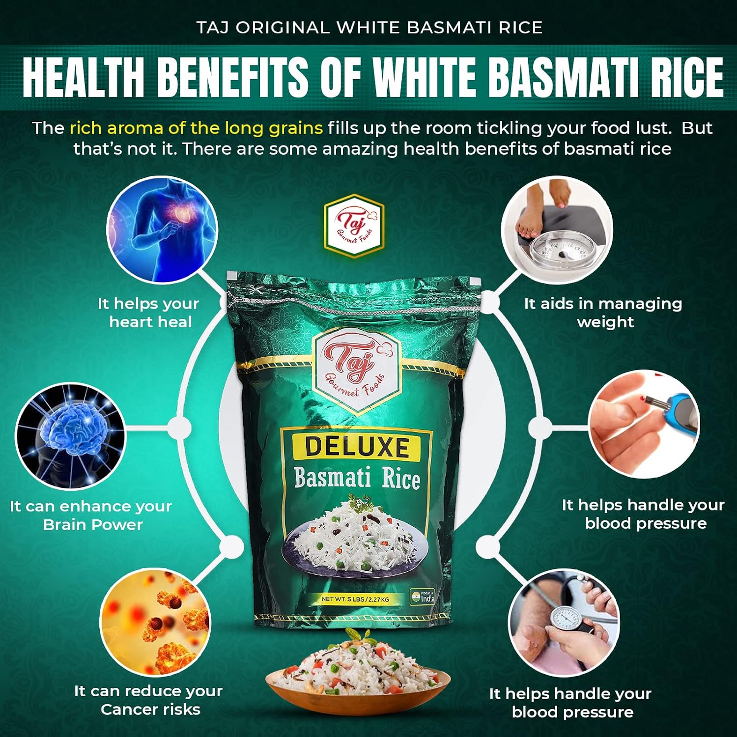 TAJ Gourmet Brown Basmati Rice, Naturally Aged, 10-Pounds