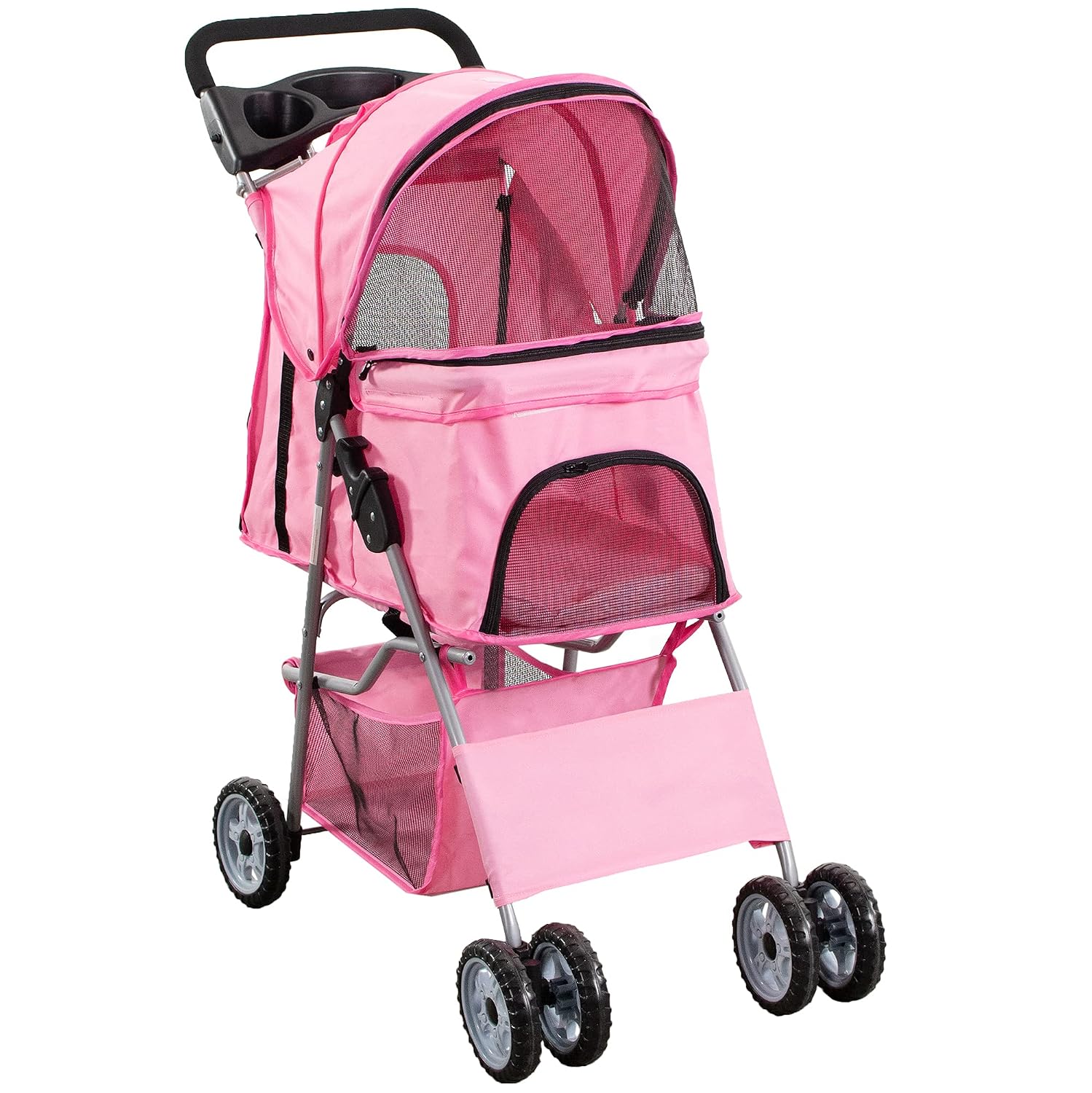 VIVO Black 4 Wheel Pet Stroller for Cat, Dog and More, Foldable Carrier Strolling Cart, STROLR-V001K