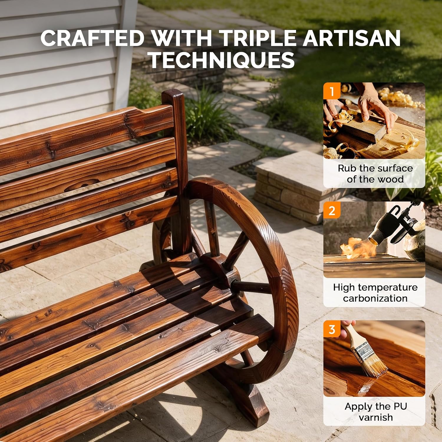 VINGLI Rustic Wooden Wheel Bench Outdoor Bench, Patio Bench Wagon Slatted Seat, Garden Benches for Outdoors 350lbs High Capacity