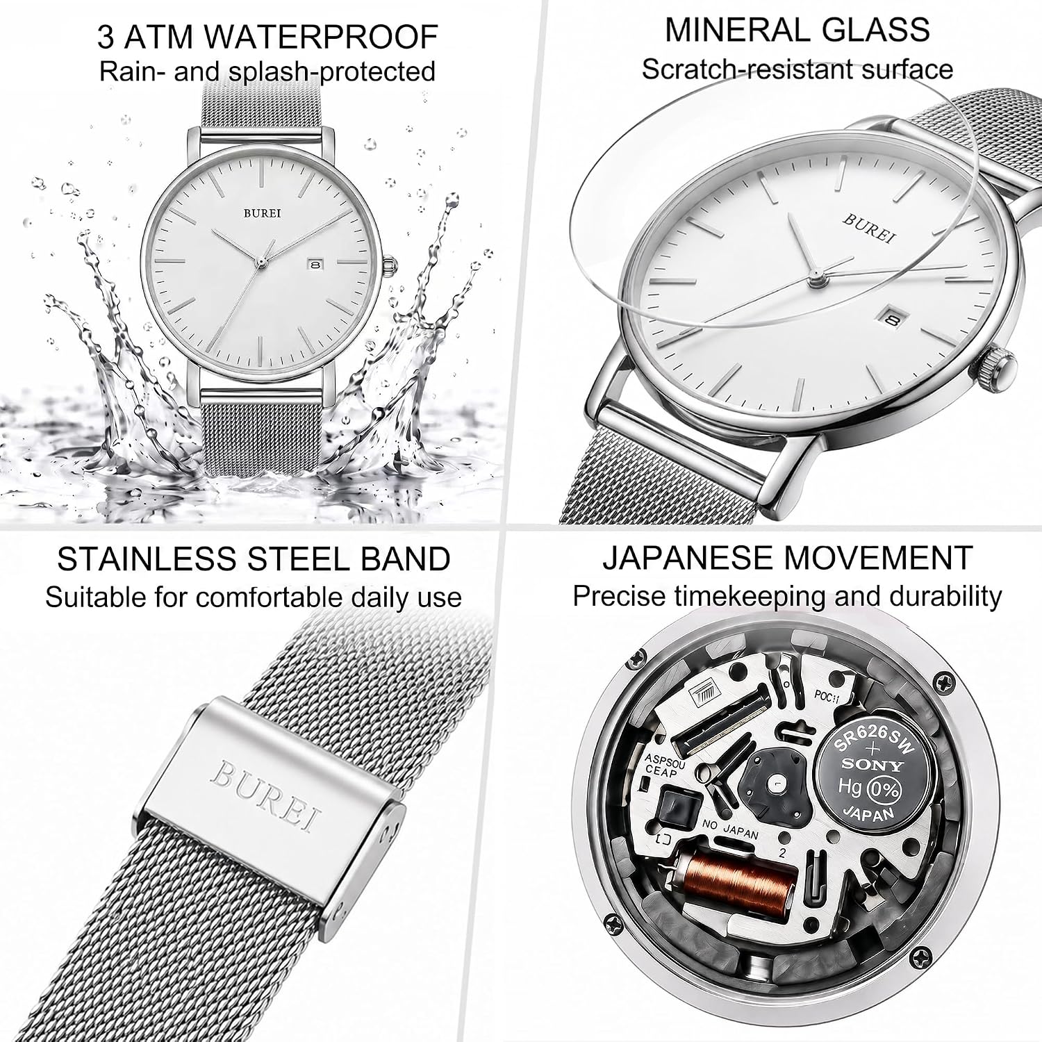 BUREI Men Wrist Watches Fashion Minimalist Thin Analog Quartz Waterproof Watches for Men, Refined Gifts for Men, Boyfriend, Husband, Dad