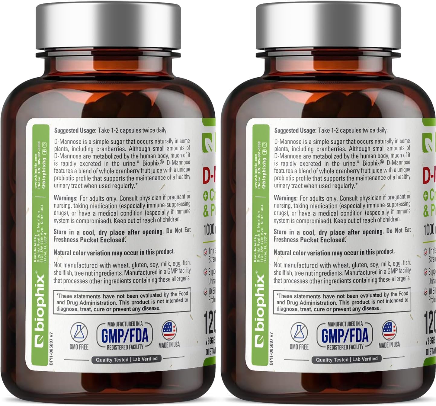 biophix D-Mannose 1000mg Capsules with Cranberry & Probiotics - D Mannose Supplements for Women - D-Mannose Pills for Urinary Tract & Bladder Health Support - Digestive Well-Being - 120 Vcaps