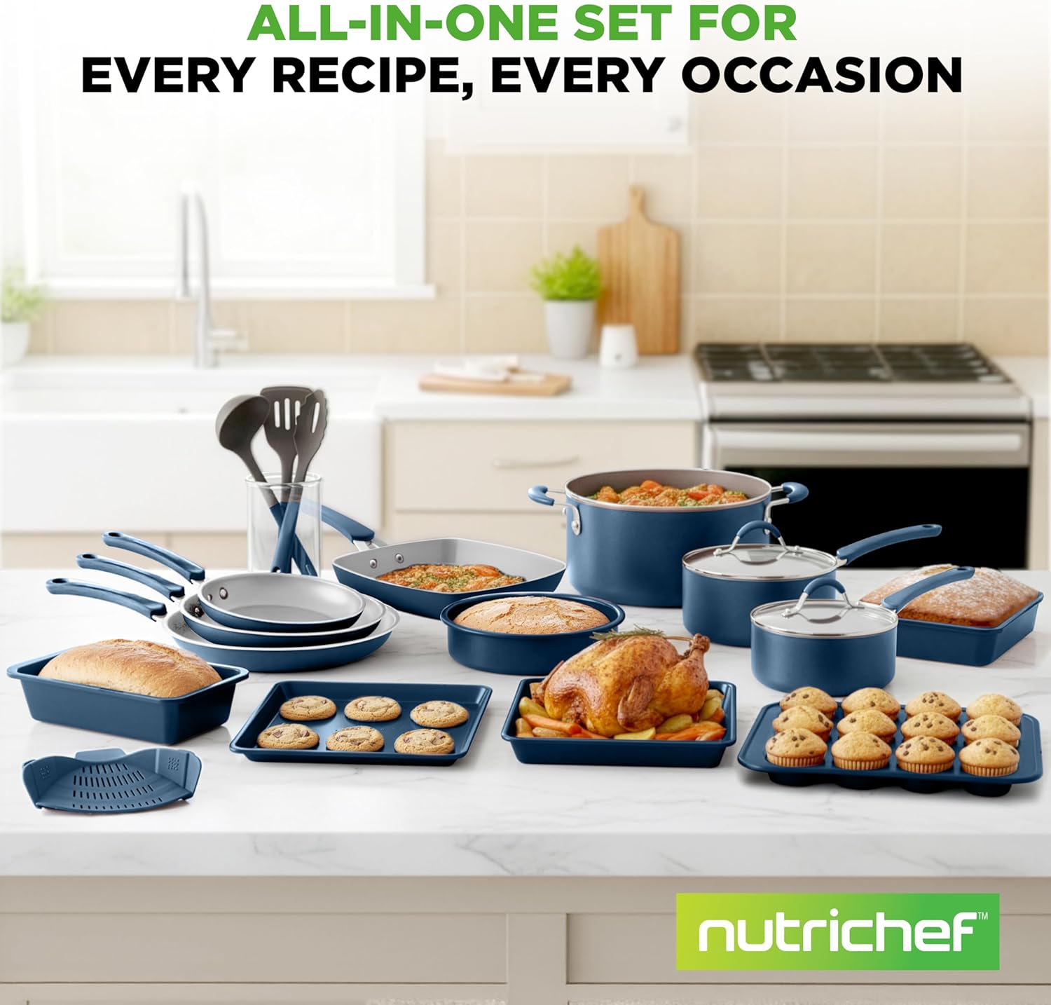 Nutrichef 20 Piece Professional Home Kitchen Cookware and Bakeware, Pots and Pans Set Non Stick Kitchenware, Cool-Touch Handles, Non Toxic