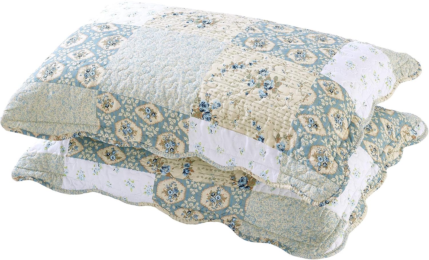 New Reversible 3pc Floral Printed Patchwork Blue/Green Bedspread/Quilt Set Matching Curtains Available (King/Cal King Size)