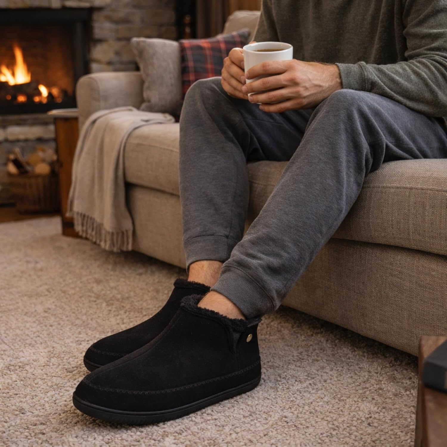 Dearfoams Men's Memory Foam Indoor House Slippers Brixen Ankle Boot House Shoes - Gifts for Men