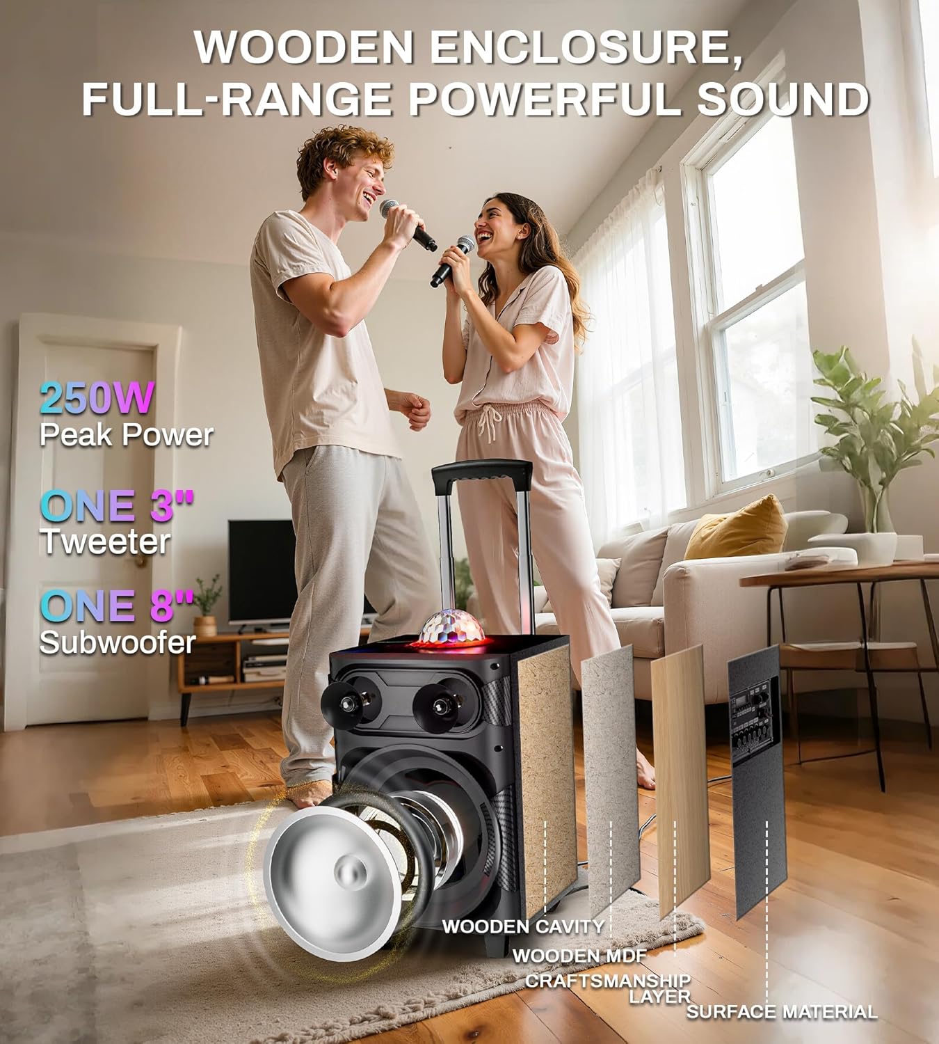 Karaoke Machine for Adults with 2 Wireless Microphones, BT PA System with Disco Ball LED Lights, Rolling Wheels, Tablet Holder, Remote Control