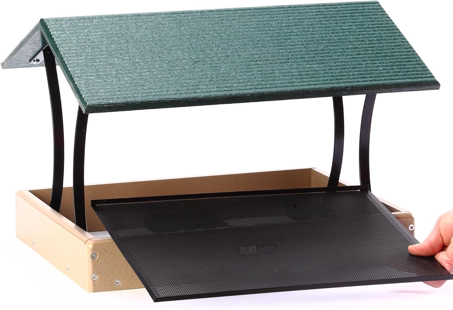 Birds Choice SNFT-300 Fly-Thru Feeder, Recycled Pole Mounted Bird Feeder, Large, Taupe/Green | Recycled Plastic Platform with Roof, Welcomes Cardinals, Jays and Other Wild Birds, 19in x 15.75in x 13in