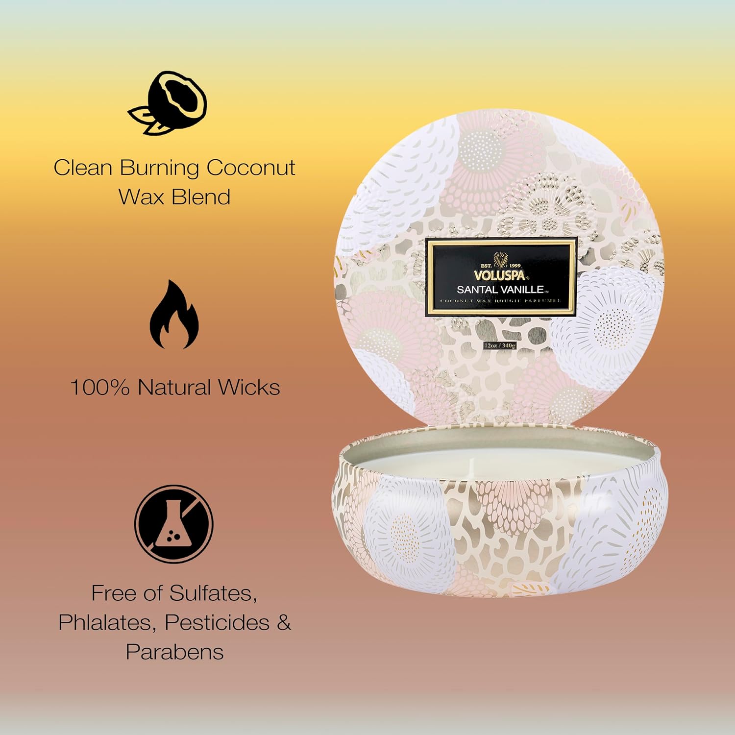 Voluspa Santal Vanille, 3 Wick Tin Candle, 12 oz, 40 Hour Burn Time, Coconut Wax for Clean Burning, Handcrafted in the USA