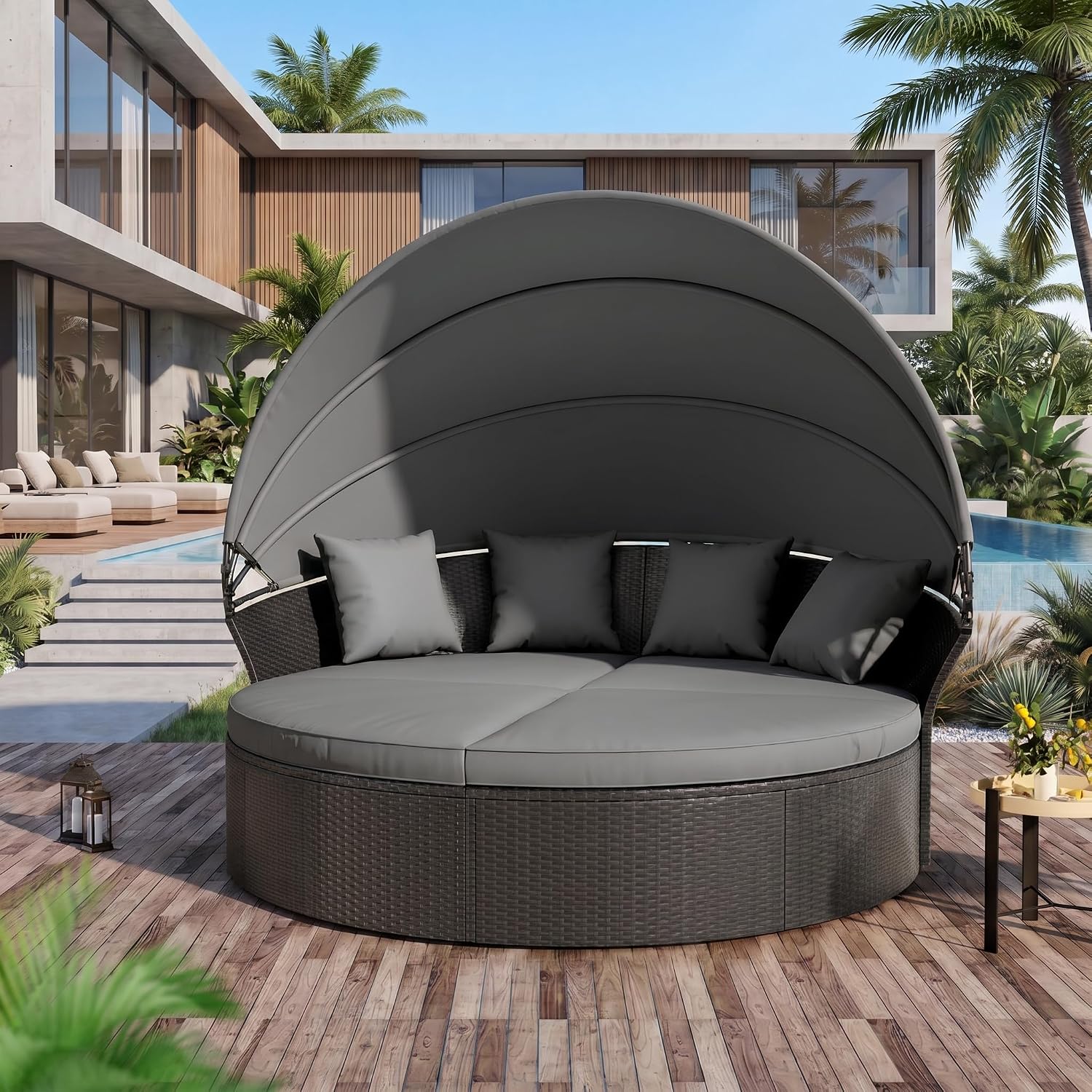 Outdoor Patio Furniture Canopy Daybed Round Sofas, 4 Pieces Seating Separates Cushioned Seats, Black Wicker, Lawn Poolside Garden, Grey