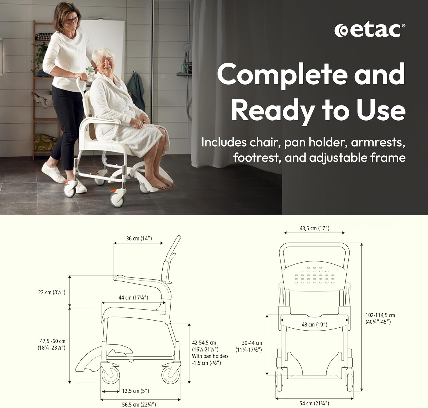 Etac Clean 24" Self-Propelled Shower Chair with Wheels - 21 3/4 Inch Fixed Height with 24 Inch Rear Wheels - Shower Wheelchair for Elderly and Disabled - Movable Armrest & Ergonomic Footrest