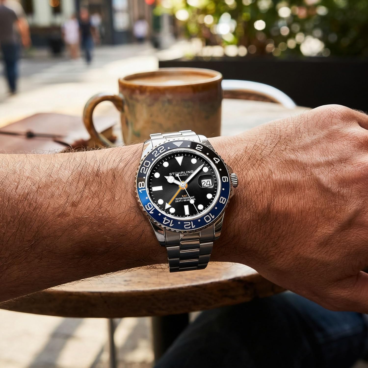 Stuhrling Original Men's Stainless Steel GMT Watch Quartz - 42mm Quartz Analog Wrist Watch for Men, Mens Quartz Watch, Stainless Steel Case