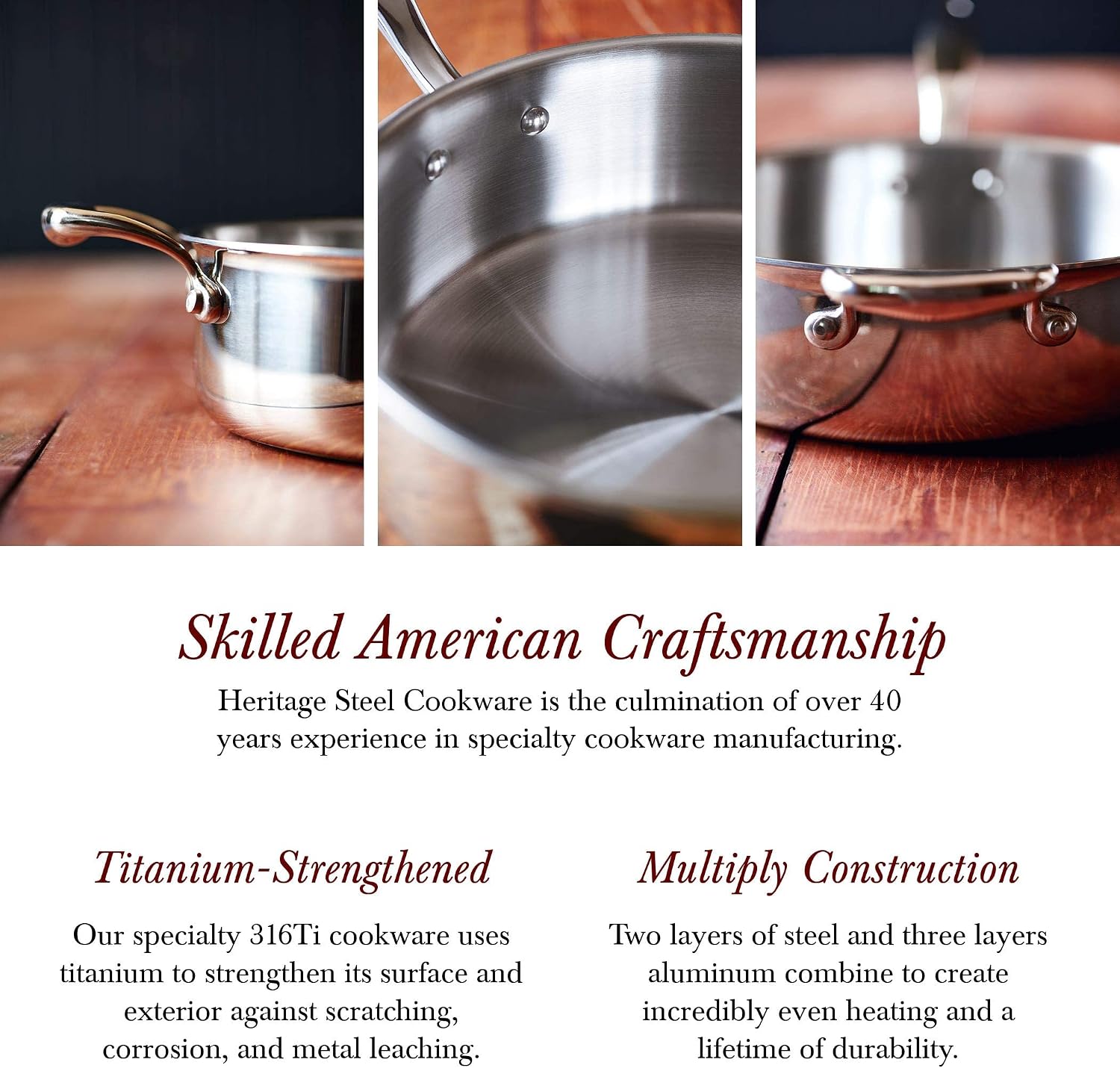 Heritage Steel 6 Quart Rondeau with Lid - Titanium Strengthened 316Ti Stainless Steel with 5-Ply Construction - Induction-Ready and Fully Clad, Made in USA
