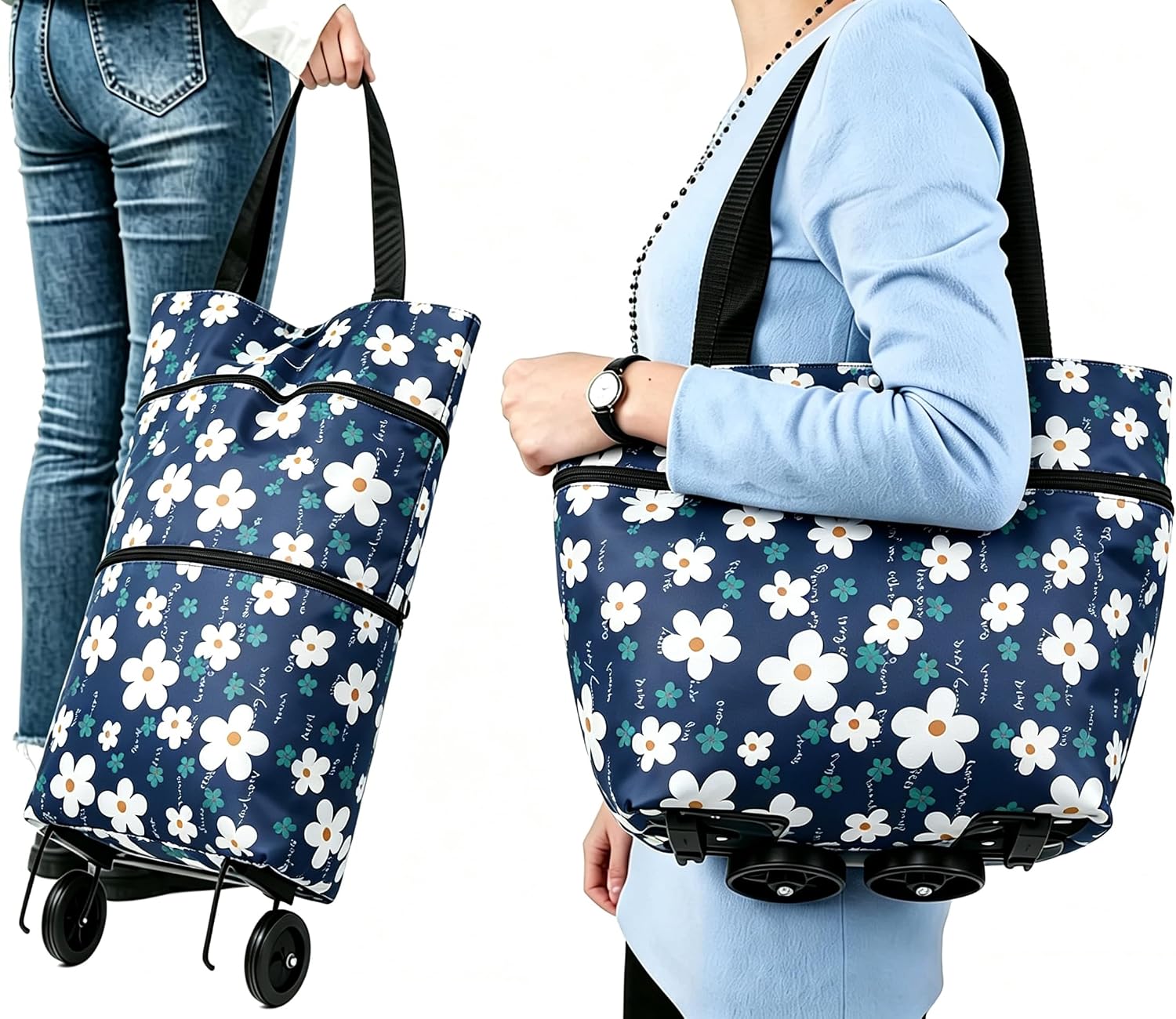 Collapsible Shopping Bag with Wheels Portable Shopping Cart with 360° Swivel Wheels Rolling Tote Bag Reusable Grocery Bag Trolley Bag on Wheels for Travel Shopping and Daily Use(Blue)