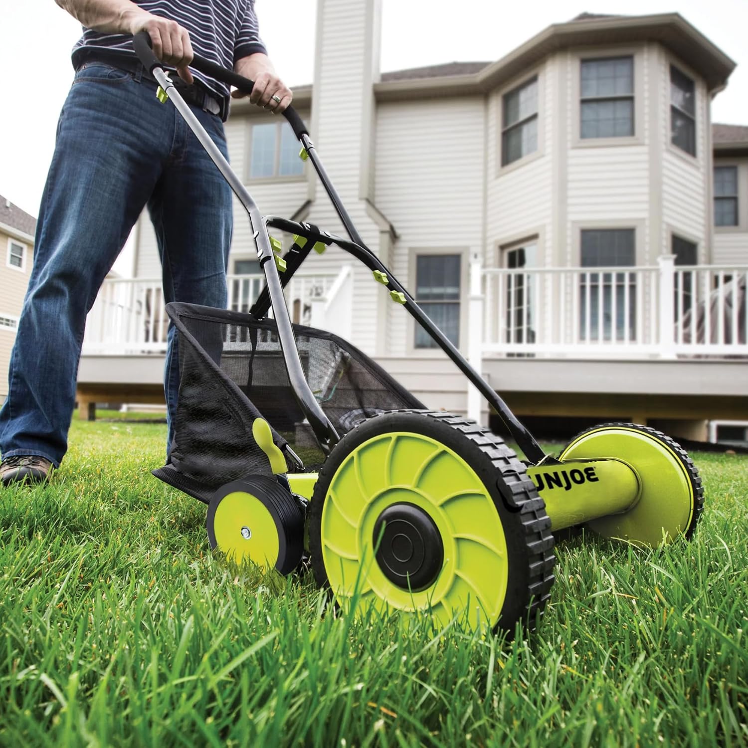 Sun Joe Manual Push Reel Lawn Mower with 6.6-Gal Grass Catcher, 16-Inch Cutting Width - Heavy-Duty Yard Trimmer Machine for Gardening Care and Maintenance, MJ500M