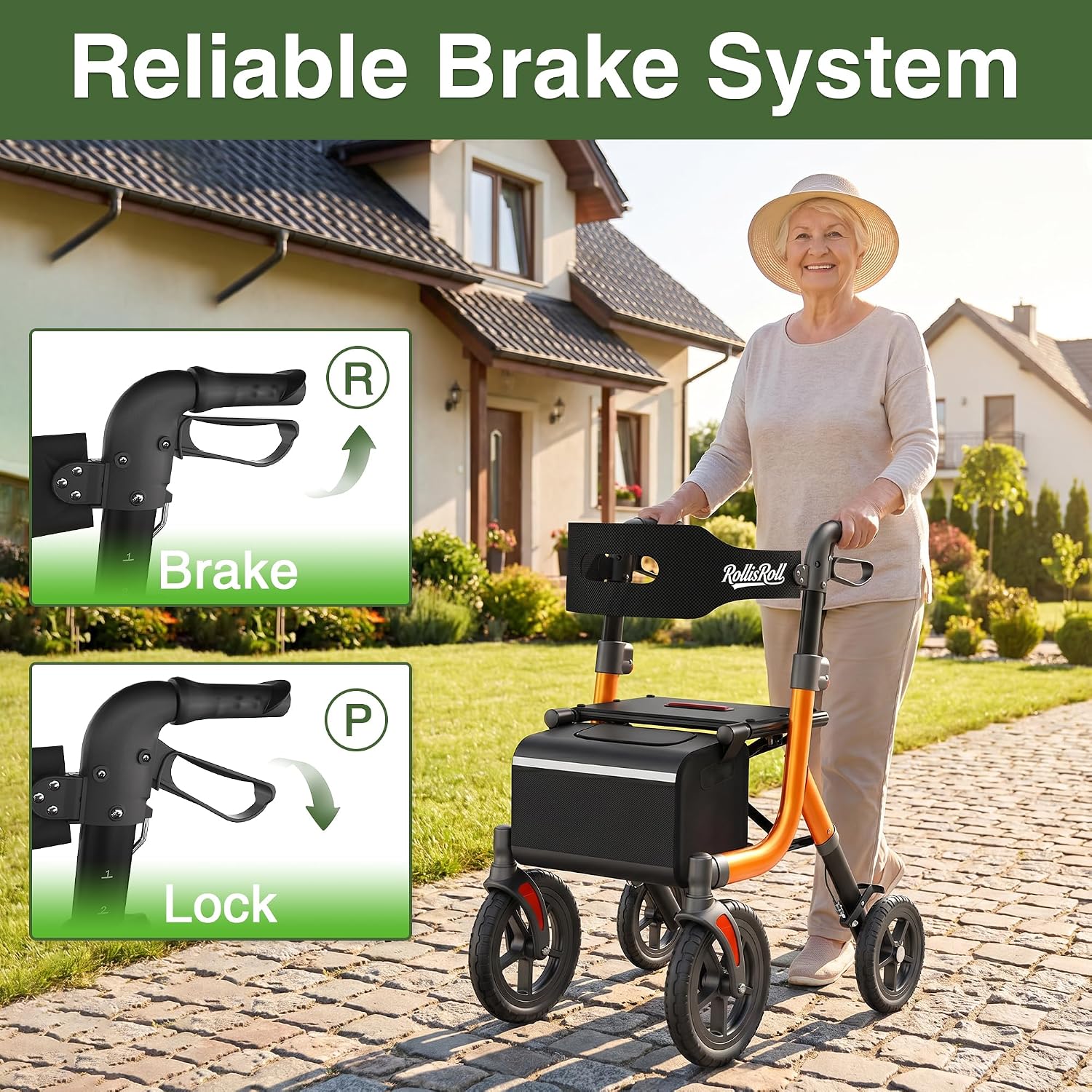 Walkers for Seniors, Rollator Walker with Seat, 10" Big Rubber Wheels All Terrain Rolling Walker, Lightweight Foldable Rollator Walker, Built-in Cable, Reinforced Aluminum Frame, Orange