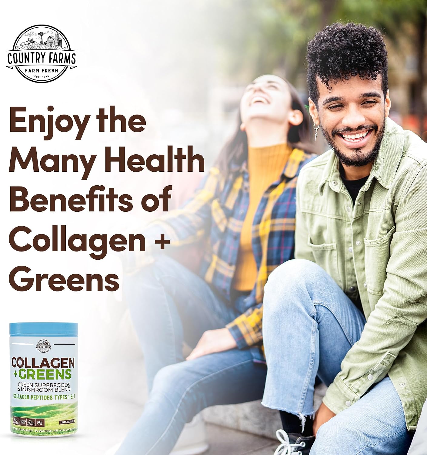 Country Farms Collagen Peptides Powder with Greens Dietary Powder Supplement (Type I, III) for Skin Hair Nail and Joints, Dairy/Sugar Free, Energizing Superfoods, Natural, 10.6 Oz 30 Servings