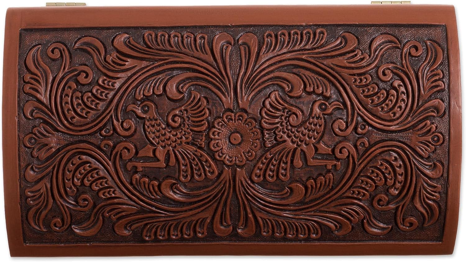 NOVICA Artisan Handmade Leather Cedar Wood Jewelry Chest Bird Pattern from Peru Brown Boxes Colonial Floral Animal Themed [8.25in H x 11.5in W x 6in