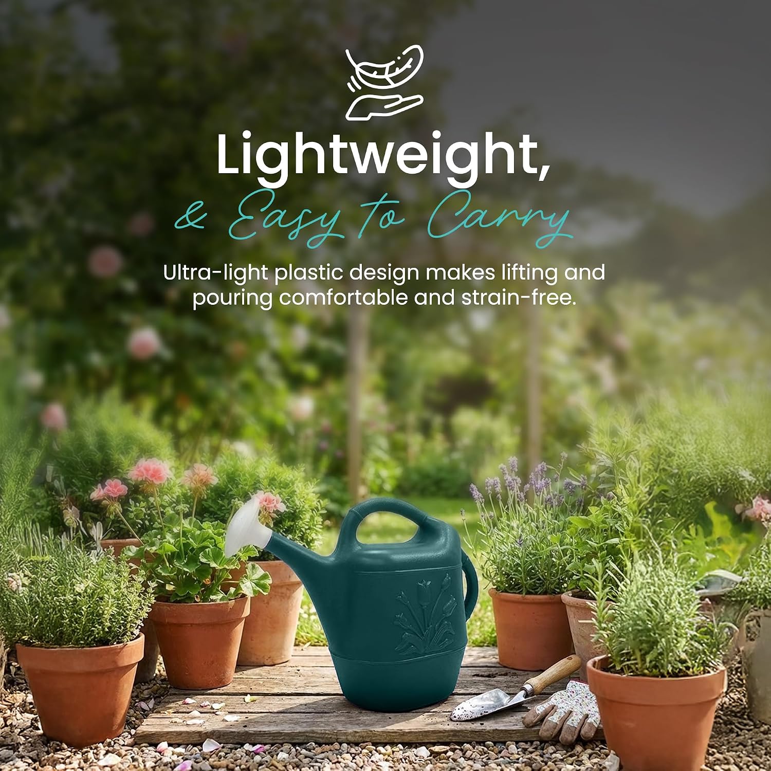 Union Products 63066 2 Gallon Plastic Indoor/Outdoor Watering Can w/Tulip Design for Garden, Potted Plants, & Patio Pots, Caribbean Blue