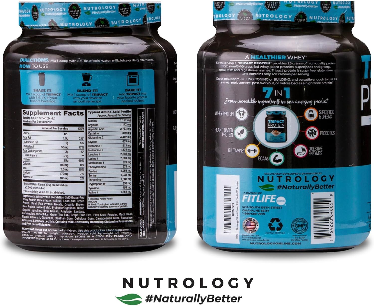 TRIPACT Protein Powder Vanilla Latte Cinnamon - 40 Servings | 7-in-1 Meal Replacement, Grass Fed Whey Protein, Pea Protein, Rice Protein, Greens Blend, Recovery Support