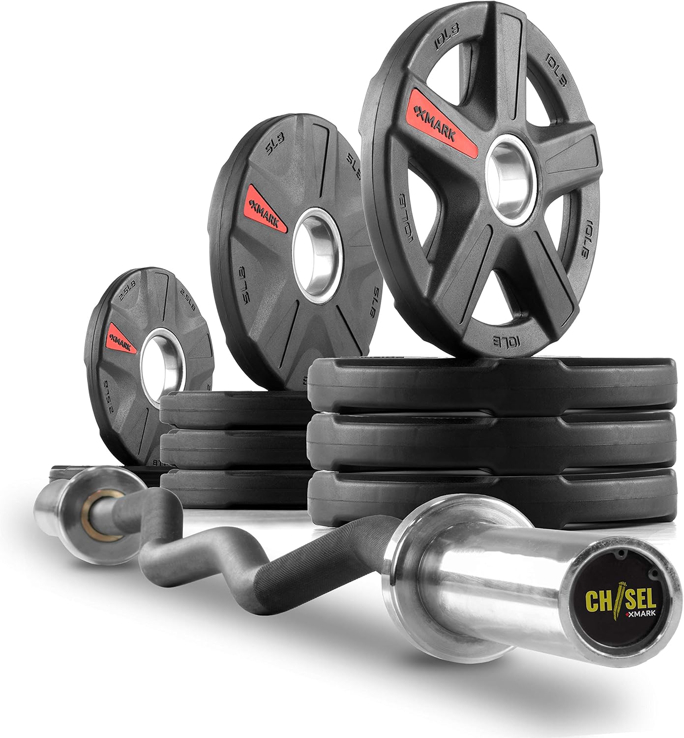 XMark EZ Curl Olympic Bar Set - CHISEL Bar With TEXAS STAR Plates, Weight Set and Barbell
