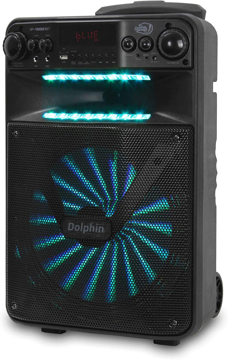 Dolphin Large Bluetooth Party Speaker, 12" Woofer | 80W Output, App Control, LED Light Show, USB, TF, FM & AUX Inputs, 2000mAh Battery, Dual Mic Jacks