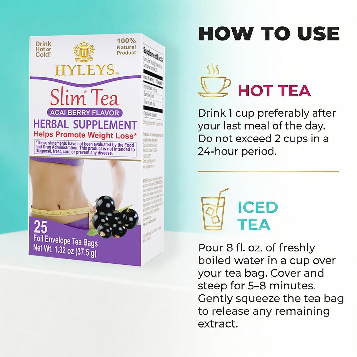 HYLEYS Slim Tea Goji Berry, Weight Loss Detox, Slimming Diet Tea, 25 Bags | Green Tea, Senna Detox & Cleanse, 3 Natural Ingredients, No Added Sugar, 1-Step Bedtime Routine, Supports Digestion