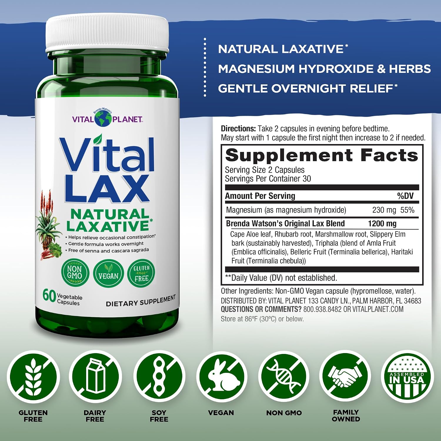 Vital Planet - Vital Lax Natural Laxative Cleanse Supplement for Occasional Constipation, with Magnesium Hydroxide, Slippery Elm, Aloe